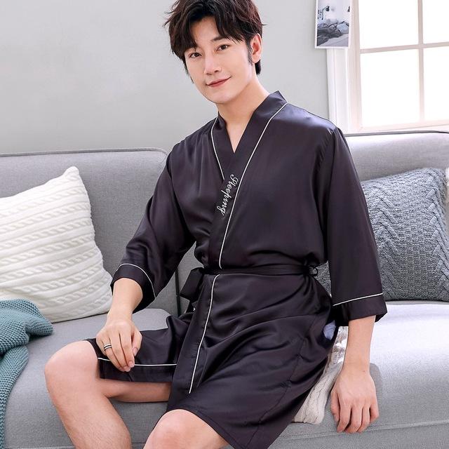 2019 summer nightgown sleepshirts men kimono robe faux silk bath gown sleepwear lounge casual silky nightwear female dress