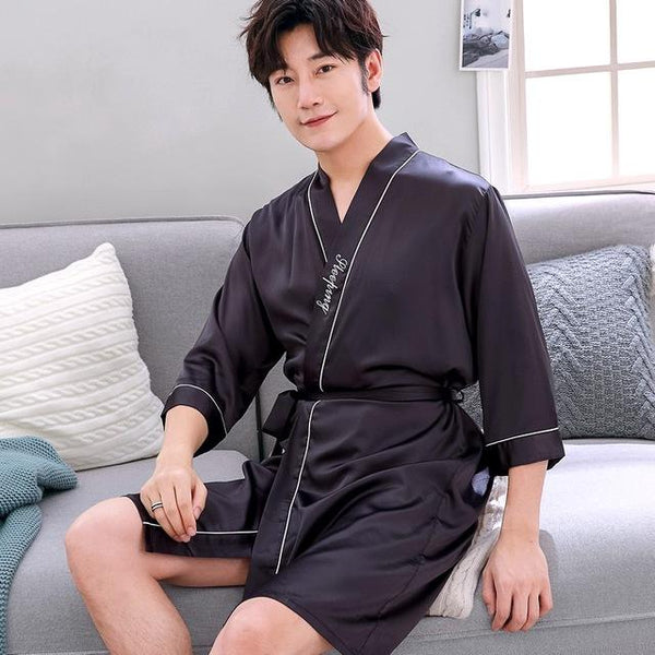 2019 summer nightgown sleepshirts men kimono robe faux silk bath gown sleepwear lounge casual silky nightwear female dress