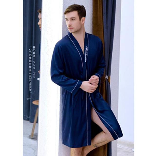 Men's Robe Pajamas Ice Silk Set Long Sleeves Nightgown Homewear New Style Leisure Sleepwear Simple Plus Size Home Clothes J132