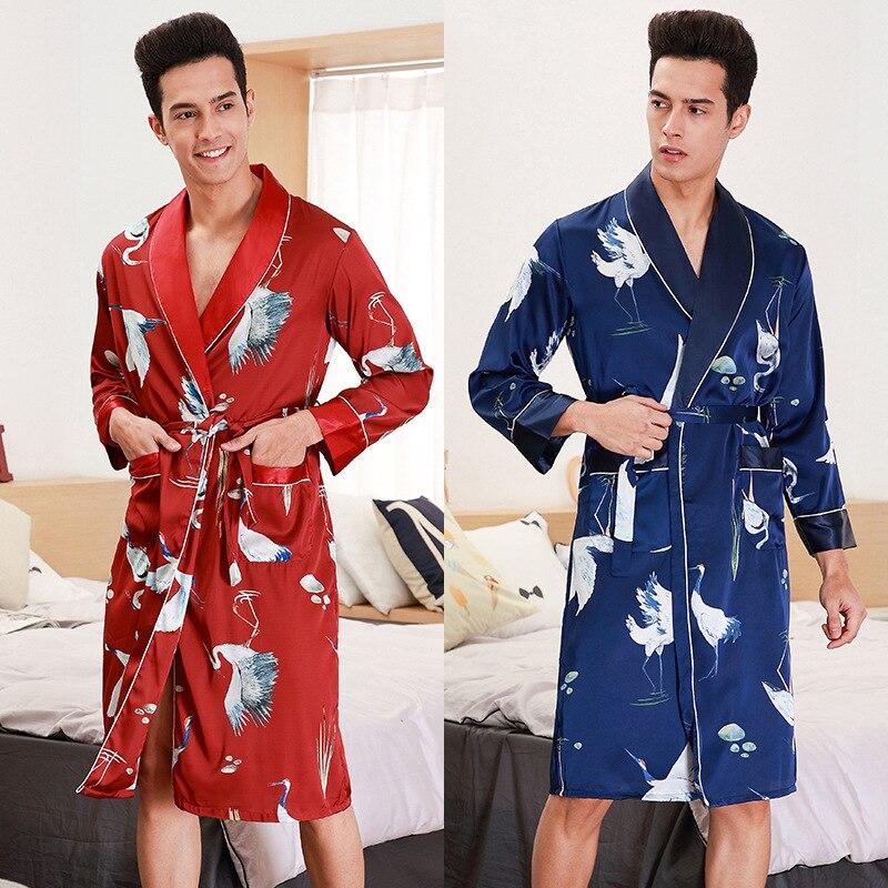 Men Spring Autumn Luxury Bathrobe Print Plus Size Emulation Silk Pajamas Mens Summer Male Nightgown Robe