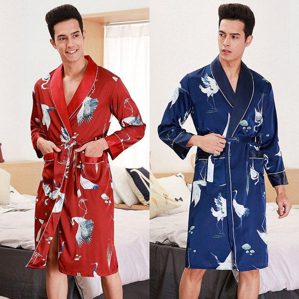 Men Spring Autumn Luxury Bathrobe Print Plus Size Emulation Silk Pajamas Mens Summer Male Nightgown Robe