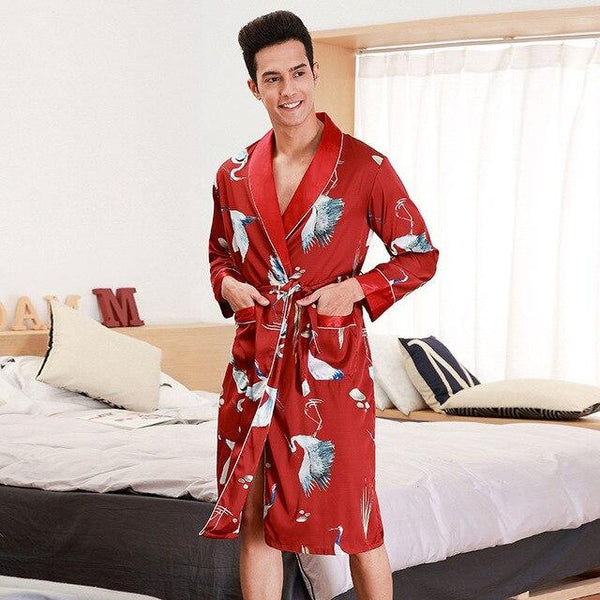 Men Spring Autumn Luxury Bathrobe Print Plus Size Emulation Silk Pajamas Mens Summer Male Nightgown Robe