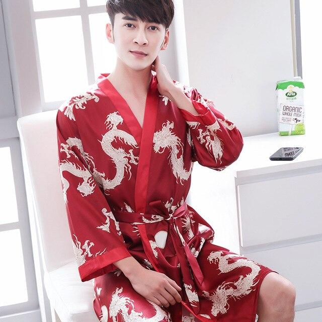 2019 summer luxury bathrobe mens print plus silk pajamas kimono male nightgown chinese silk robe