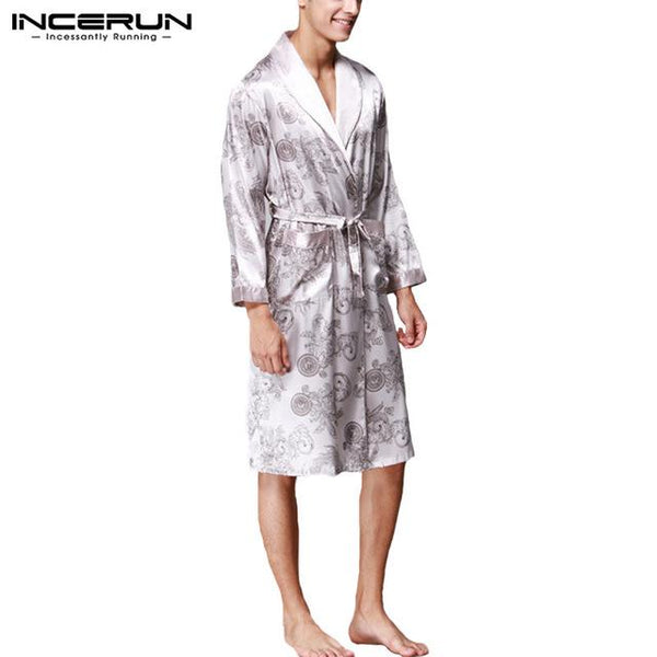 INCERUN 2019 Men Pajamas Robes Faux Silk Long Sleeve Bathrobe Chinese Dragon Print Sleepwear Comfy Nightgown Kimono Men Homewear