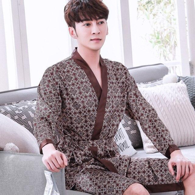 2019 summer mens kimono robe embroidery bath gown faux silk bathrobe nightgown sleepwear hombre pijama