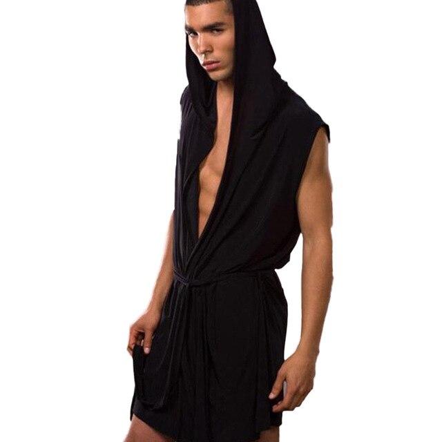 Men'S Sets Sexy Belt Men Summer Ice Silk Robe Gown Bathrobe Nightgown Sleeveless Belt Hooded Robes Coffee 2019 New Hooded Sets