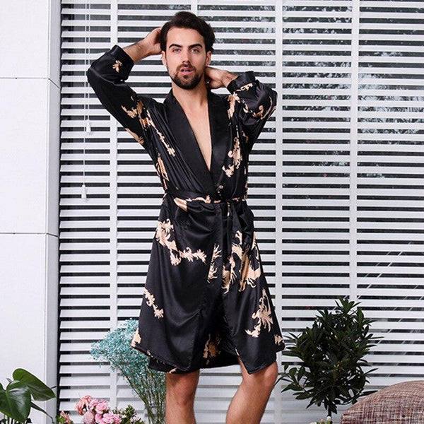Men's Silk Nightgown Shorts Two Sets Large Size Dragon Bathrobe Men's Bathrobe Silk Pajamas Men's Long Dragon Robe Home Wear