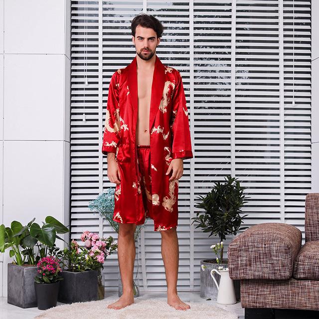 Men's Silk Nightgown Shorts Two Sets Large Size Dragon Bathrobe Men's Bathrobe Silk Pajamas Men's Long Dragon Robe Home Wear