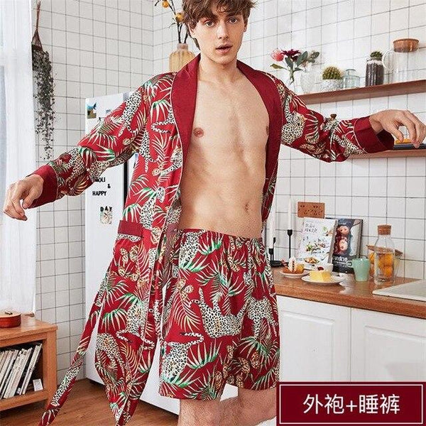 Men's Spring and Summer Ice Silk Long-sleeved Robe Suit Silk Shorts Bathrobe Solid Color / Printed Fashion Nightgown 658