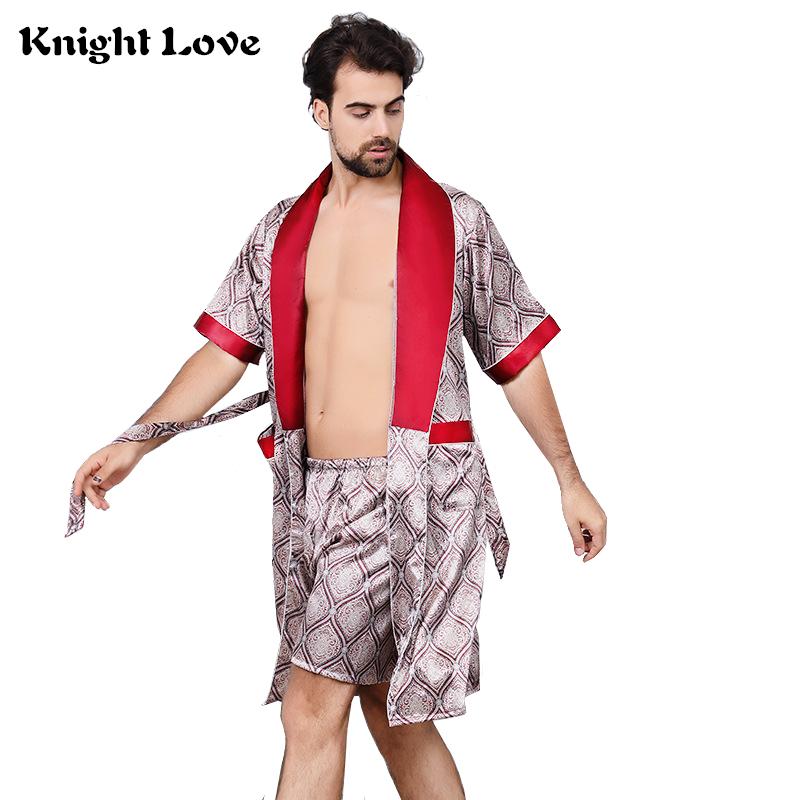 Men's Robe Bathrobe Silk Nightgown Pajamas Kimono Home Bath Gown Summer Short-Sleeve With Shorts 2 Pcs Sleepwear Print Plus Size