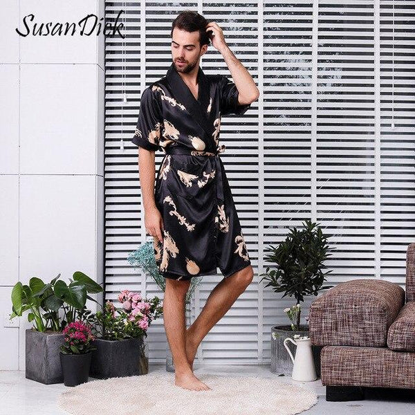 SusanDick 2019 Men Silk Robe Set Half Sleeve Comfortable China Satin Pajamas Nightgowns Man Summer Autumn Sexy Kimono Shorts Set