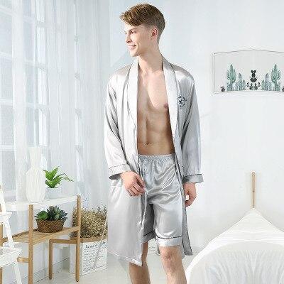 2PCS Summer Simulation Silk Kimono Men Bathrobe/Pyjama/Pajama Comfortable Satin Household Shorts/Pants Nightgown Sets C75456AD
