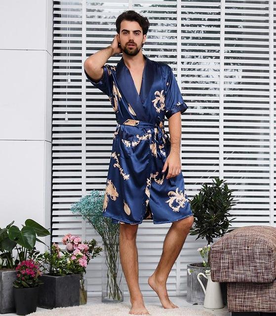 Luxury Designer Men's Silk Kimono Robe Plus 5XL Short Sleeve Sleepwear Bathrobe Oversized Satin Nightgown Summer Home Clothing