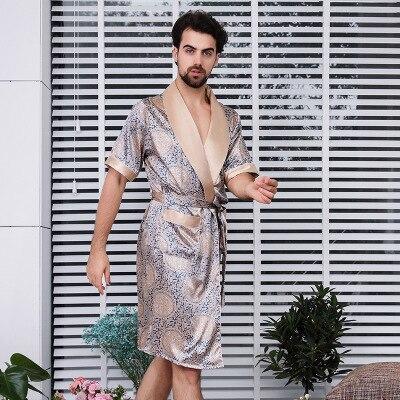 2019 New Summer Man Luxury Bathrobe Pyjama Mens Print Plus Size M-5XL Silk Satin Short sleeve Sleepwear Male Nightgown Silk Robe