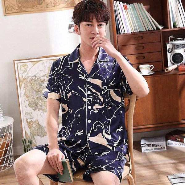 2019 summer men robes nightgown bathrobe faux silk short sleeve chinese dragon print pajamas sleepwear kimono men long