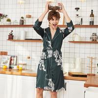 silk robe men Long Animal printing Pajamas Male Nightgown Sleepwear kimono homme Dressing Gown 2pcs shorts homewear bathrobes