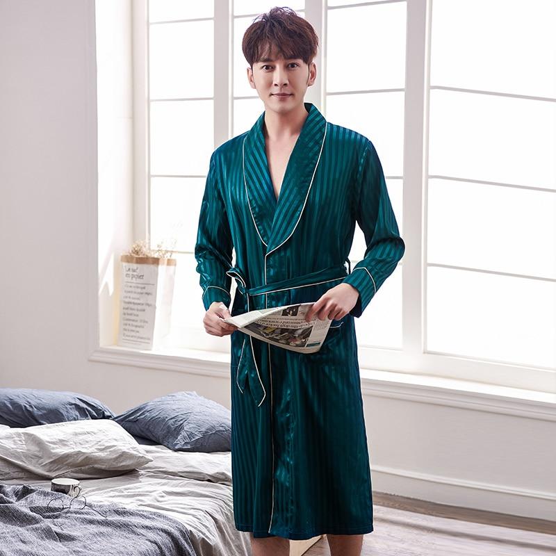 2019 New Spring Autumn Luxury Striped Bathrobe Mens Plus Size Silk Satin Pajamas Kimono Summer Male Nightgown Chinese Silk Robe