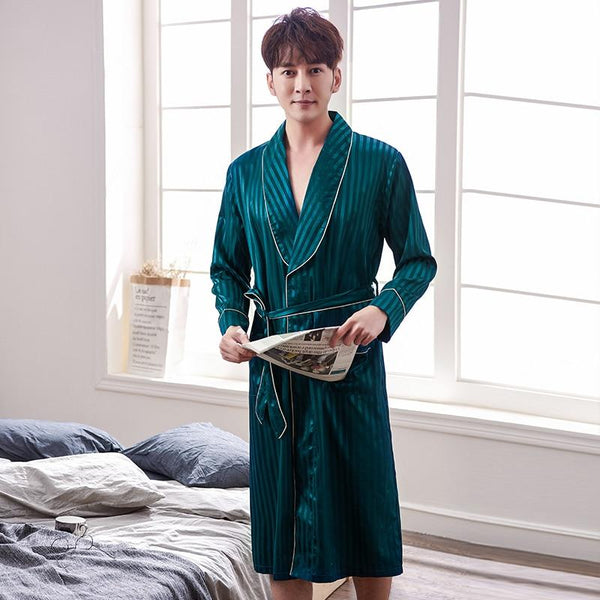 2019 New Spring Autumn Luxury Striped Bathrobe Mens Plus Size Silk Satin Pajamas Kimono Summer Male Nightgown Chinese Silk Robe