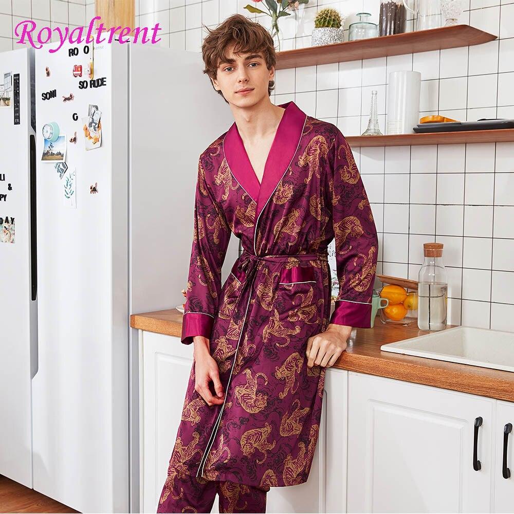 Men Imitation Silk Home Service Suit Tiger Patterned Pajamas Robe Sets Long-Sleeved Nightgown+Long Sleep Pants Men Belt Bathrobe