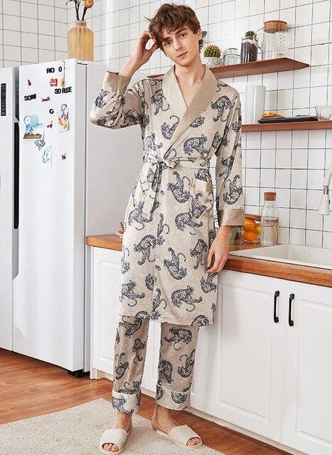 Men Imitation Silk Home Service Suit Tiger Patterned Pajamas Robe Sets Long-Sleeved Nightgown+Long Sleep Pants Men Belt Bathrobe