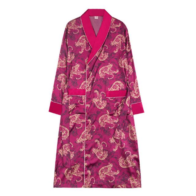 Men Imitation Silk Home Service Suit Tiger Patterned Pajamas Robe Sets Long-Sleeved Nightgown+Long Sleep Pants Men Belt Bathrobe