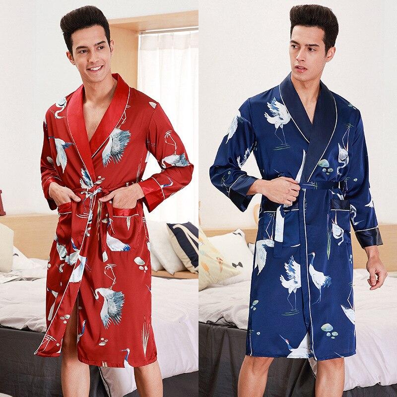 New long sleeve nightgown mens kimono bathrobe silk long gown bathrobe spring summer Sleepwear Nightwear Red Blue Bird