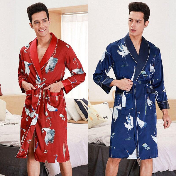 New long sleeve nightgown mens kimono bathrobe silk long gown bathrobe spring summer Sleepwear Nightwear Red Blue Bird
