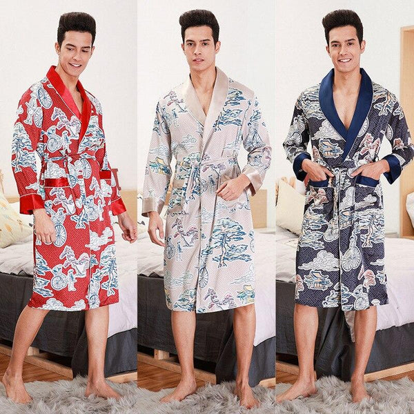 Casual Men Robe Kimono Bathrobe Sleepwear Autumn Long Sleeve Faux Silk Nightgown Peignoir Badjas Male Long Home Wear C68458AD