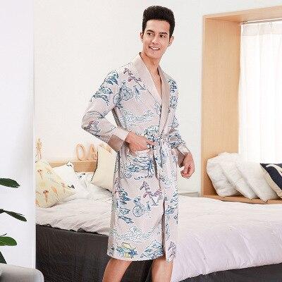 Casual Men Robe Kimono Bathrobe Sleepwear Autumn Long Sleeve Faux Silk Nightgown Peignoir Badjas Male Long Home Wear C68458AD