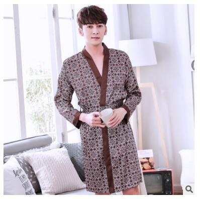 2018 New men's summer long-sleeved spring autumn sleepwear thin silk bathrobe silk kimono summer cardigan home wear nightgowns