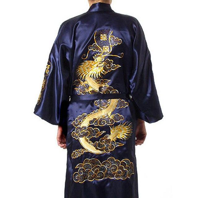 Navy Blue Chinese Men's Silk Satin Robe Embroidery Kimono Bath Gown Dragon Summer Male Nightgown Size S M L XL XXL XXXL