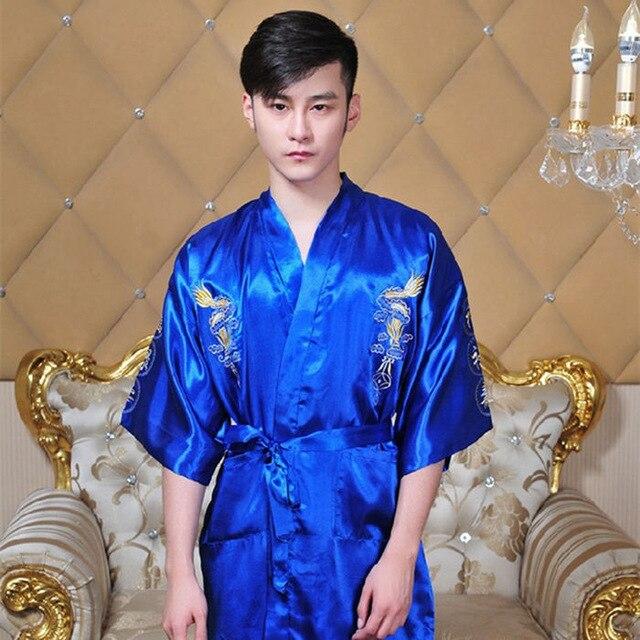 Navy Blue Chinese Men's Silk Satin Robe Embroidery Kimono Bath Gown Dragon Summer Male Nightgown Size S M L XL XXL XXXL