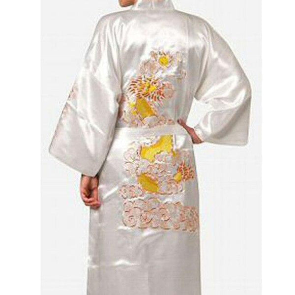 Navy Blue Chinese Men's Silk Satin Robe Embroidery Kimono Bath Gown Dragon Summer Male Nightgown Size S M L XL XXL XXXL