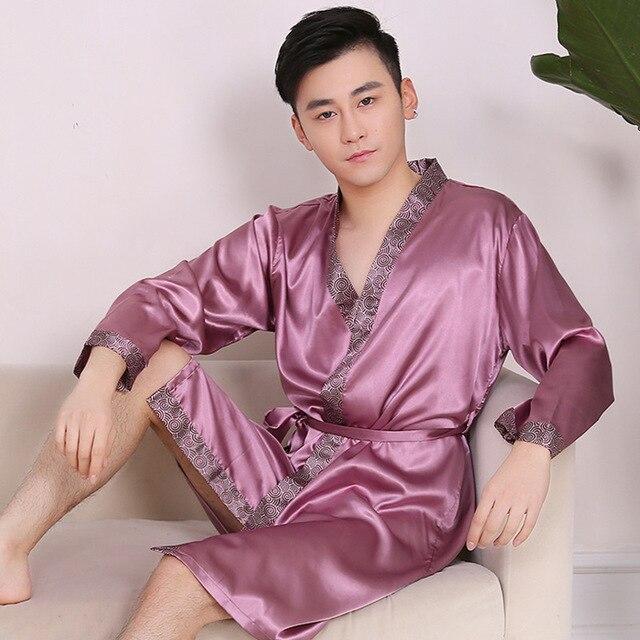 2019 summer nightgown men robe pajamas silk satin long sleeve bathrobe lounge arabe kurtas dress shirt gown masculina islamic