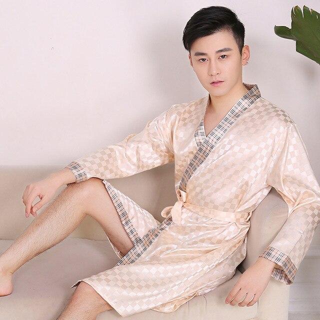 2019 summer nightgown men robe pajamas silk satin long sleeve bathrobe lounge arabe kurtas dress shirt gown masculina islamic