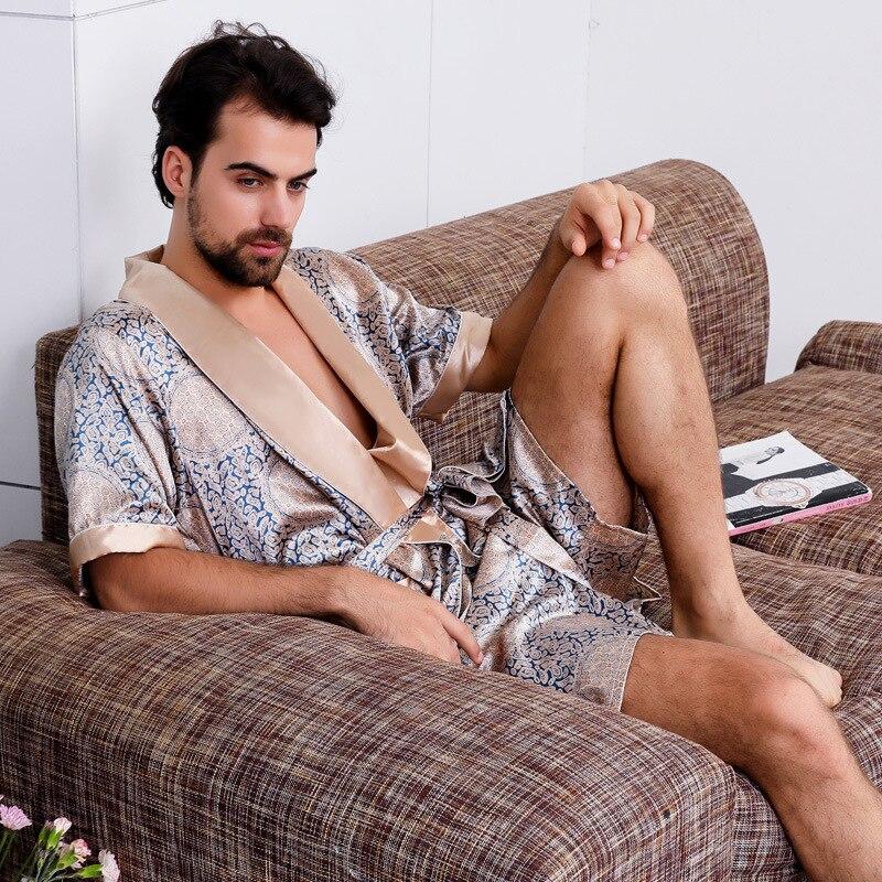 Man Silk bath Robe Twinset Thin Section Short Sleeve Pajamas Will Code Bathrobe Set mens dressing gown peignoir