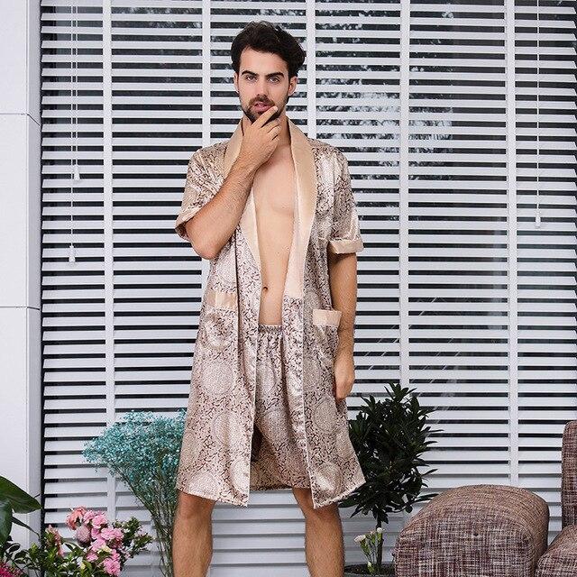 Man Silk bath Robe Twinset Thin Section Short Sleeve Pajamas Will Code Bathrobe Set mens dressing gown peignoir