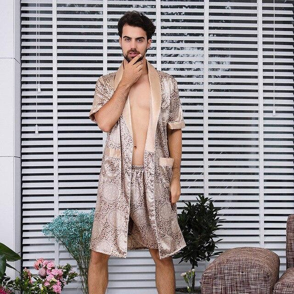 Man Silk bath Robe Twinset Thin Section Short Sleeve Pajamas Will Code Bathrobe Set mens dressing gown peignoir