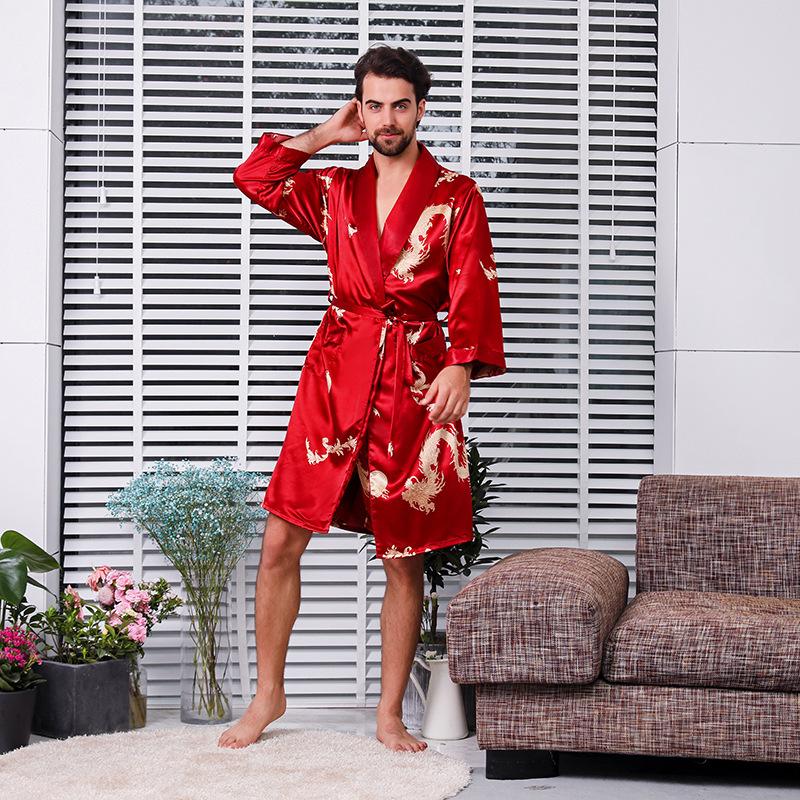 Silky Gown New Single-piece Long Sleeve Nightgown Men's Bathrobe Silk Pajamas Men's Long Dragon Robe Home Wear Sexy Men Kimono
