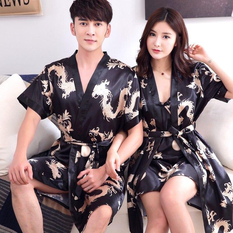 2019 summer faux silk mens robe dressing gown for man sleepwear mens kimono male night gowns men pajamas dragon bathrobe