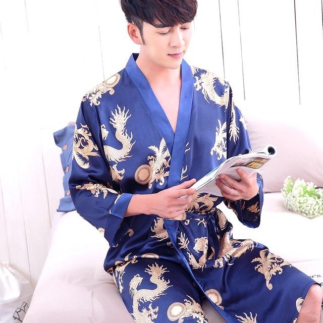 2019 summer faux silk mens robe dressing gown for man sleepwear mens kimono male night gowns men pajamas dragon bathrobe