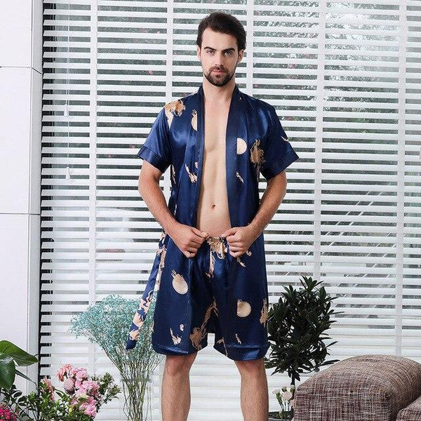 Lovers Silk Printing Robe In National Sling Robe Ma'am Pajamas Man Short Sleeve Spinning Real Silk Bathrobe Shorts Set