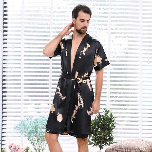 Lovers Silk Printing Robe In National Sling Robe Ma'am Pajamas Man Short Sleeve Spinning Real Silk Bathrobe Shorts Set