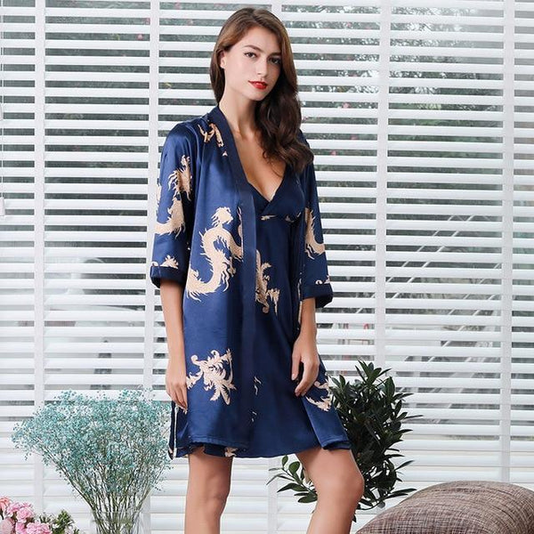 Lovers Silk Printing Robe In National Sling Robe Ma'am Pajamas Man Short Sleeve Spinning Real Silk Bathrobe Shorts Set