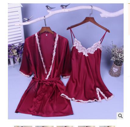 2018 new style womens nightgown two-piece set of sexy thin silk robe night skirt house home sleepwear silk braces skirt