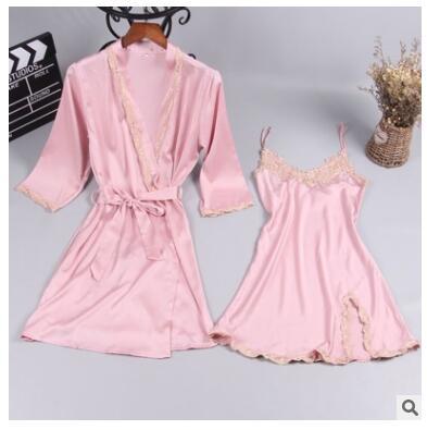 2018 new style womens nightgown two-piece set of sexy thin silk robe night skirt house home sleepwear silk braces skirt
