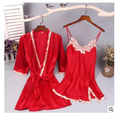 2018 new style womens nightgown two-piece set of sexy thin silk robe night skirt house home sleepwear silk braces skirt