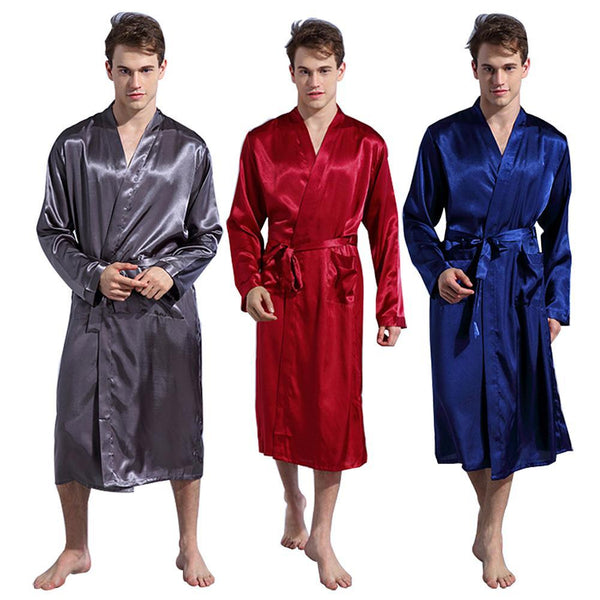 Men's Bathrobe Robe Solid Color Silk Pajamas Pockets Long Sleeve Loose Sleepwear Nightgown Kimono Homme Dressing Gown