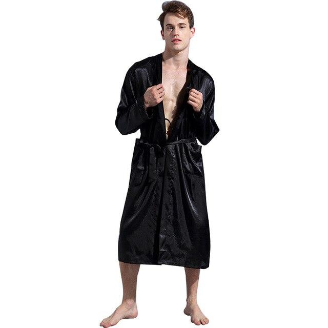 Men's Bathrobe Robe Solid Color Silk Pajamas Pockets Long Sleeve Loose Sleepwear Nightgown Kimono Homme Dressing Gown