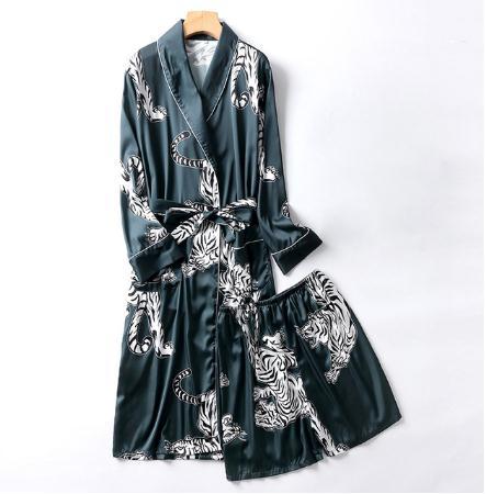 Two-Pieces Silk Nightgown Satin male Sleepwear Loose Animal Silky Long Sleeve Robe and Long Pants bathrobe set for Men